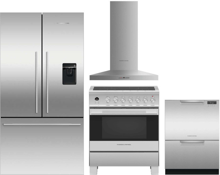 Fisher & Paykel Series 7 Contemporary 4 Piece Kitchen Appliances Package with French Door Refrigerator, Induction Range and Dishwasher in Stainless St