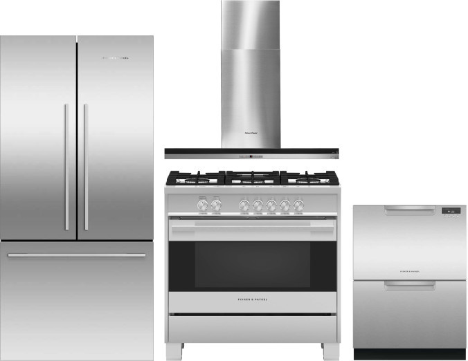 Fisher & Paykel Active Smart Contemporary 4 Piece Kitchen Appliances Package with French Door Refrigerator, Gas Range and Dishwasher in Stainless Stee
