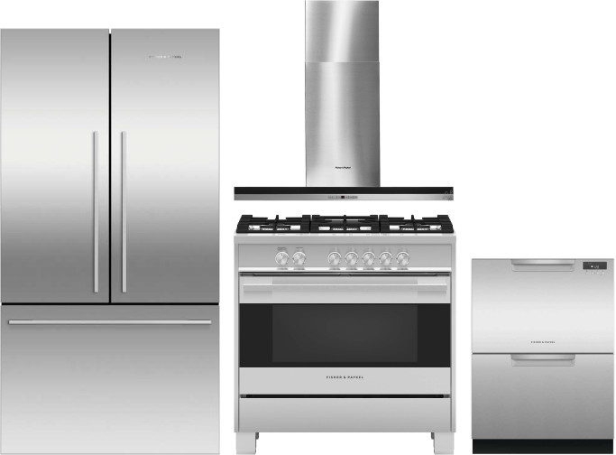 Fisher & Paykel Active Smart Contemporary 4 Piece Kitchen Appliances Package with French Door Refrigerator, Gas Range and Dishwasher in Stainless Stee