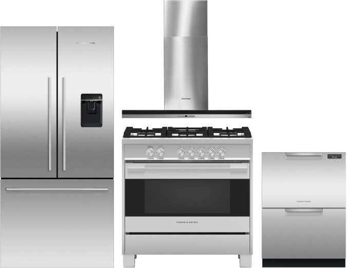 Fisher & Paykel Active Smart Contemporary 4 Piece Kitchen Appliances Package with French Door Refrigerator, Gas Range and Dishwasher in Stainless Stee