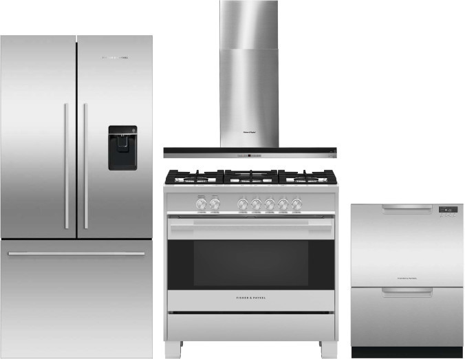 Fisher & Paykel Active Smart Contemporary 4 Piece Kitchen Appliances Package with French Door Refrigerator, Gas Range and Dishwasher in Stainless Stee