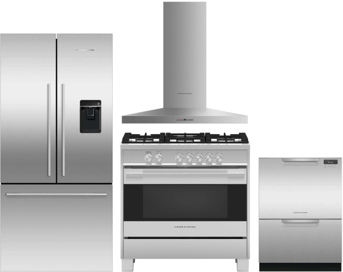 Fisher & Paykel Active Smart Contemporary 4 Piece Kitchen Appliances Package with French Door Refrigerator, Gas Range and Dishwasher in Stainless Stee