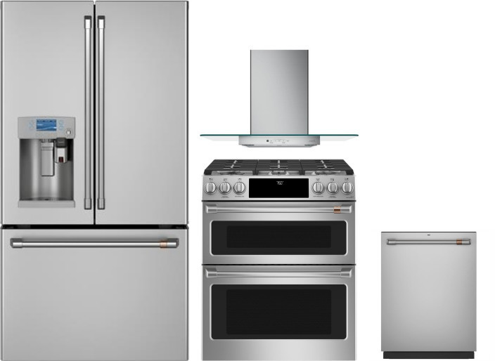 Cafe 4 Piece Kitchen Appliances Package with French Door Refrigerator, Gas Range and Dishwasher in Stainless Steel CAFRERADWRH432