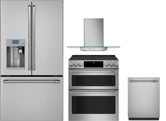 Cafe 4 Piece Kitchen Appliances Package with French Door Refrigerator, Electric Range and Dishwasher in Stainless Steel CAFRERADWRH435