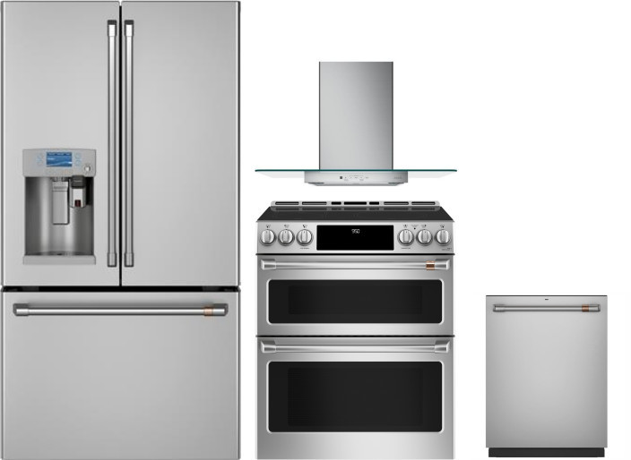 Cafe 4 Piece Kitchen Appliances Package with French Door Refrigerator, Induction Range and Dishwasher in Stainless Steel CAFRERADWRH436