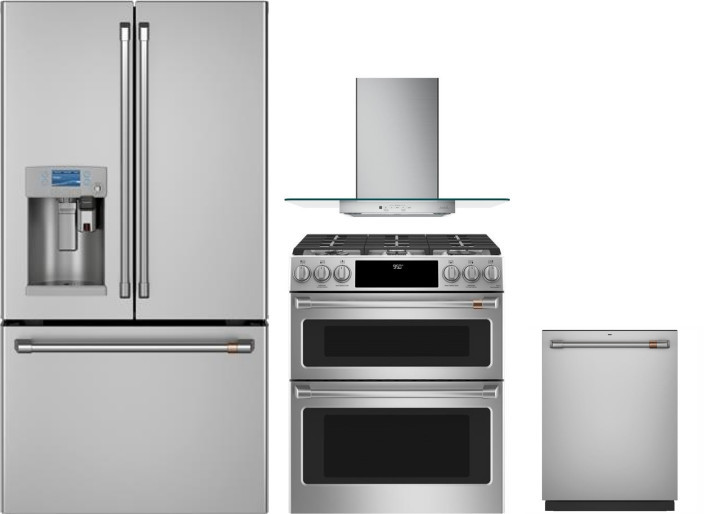 Cafe 4 Piece Kitchen Appliances Package with French Door Refrigerator, Dual Fuel Range and Dishwasher in Stainless Steel CAFRERADWRH437