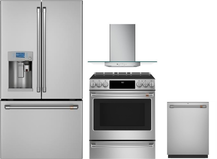 Cafe 4 Piece Kitchen Appliances Package with French Door Refrigerator, Induction Range and Dishwasher in Stainless Steel CAFRERADWRH438