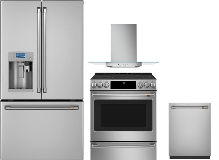 Cafe 4 Piece Kitchen Appliances Package with French Door Refrigerator, Electric Range and Dishwasher in Stainless Steel CAFRERADWRH443