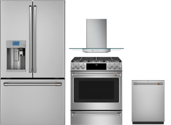 Cafe 4 Piece Kitchen Appliances Package with French Door Refrigerator, Dual Fuel Range and Dishwasher in Stainless Steel CAFRERADWRH445