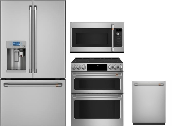 Cafe 4 Piece Kitchen Appliances Package with French Door Refrigerator, Electric Range, Dishwasher and Over the Range Microwave in Stainless Steel CAFR