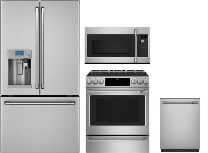 Cafe 4 Piece Kitchen Appliances Package with French Door Refrigerator, Induction Range, Dishwasher and Over the Range Microwave in Stainless Steel CAF