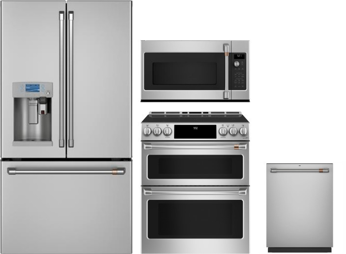 Cafe 4 Piece Kitchen Appliances Package with French Door Refrigerator, Induction Range, Dishwasher and Over the Range Microwave in Stainless Steel CAF