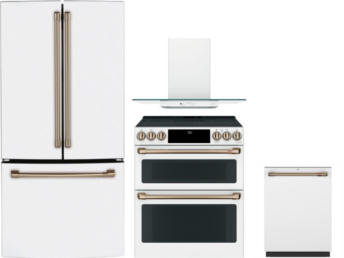 Cafe 4 Piece Kitchen Appliances Package with French Door Refrigerator, Electric Range and Dishwasher in Matte White CAFRERADWRH517