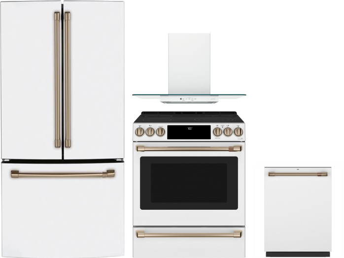 Cafe 4 Piece Kitchen Appliances Package with French Door Refrigerator, Electric Range and Dishwasher in Matte White CAFRERADWRH523