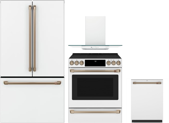Cafe 4 Piece Kitchen Appliances Package with French Door Refrigerator, Electric Range and Dishwasher in Matte White CAFRERADWRH524