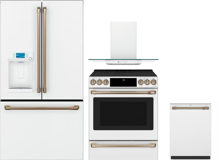 Cafe 4 Piece Kitchen Appliances Package with French Door Refrigerator, Electric Range and Dishwasher in Matte White CAFRERADWRH526