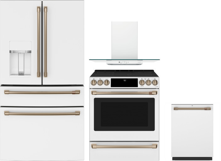 Cafe 4 Piece Kitchen Appliances Package with French Door Refrigerator, Electric Range and Dishwasher in Matte White CAFRERADWRH952