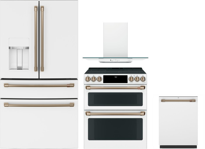Cafe 4 Piece Kitchen Appliances Package with French Door Refrigerator, Electric Range and Dishwasher in Matte White CAFRERADWRH953