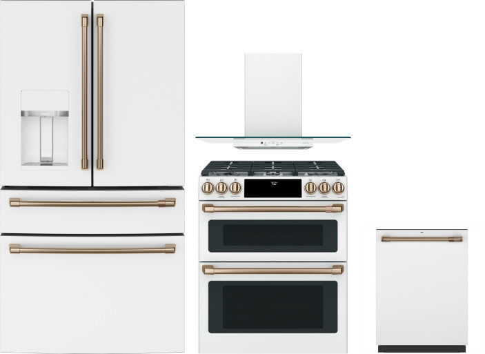 Cafe 4 Piece Kitchen Appliances Package with French Door Refrigerator, Gas Range and Dishwasher in Matte White CAFRERADWRH954