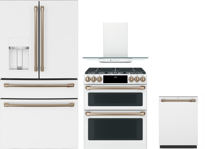 Cafe 4 Piece Kitchen Appliances Package with French Door Refrigerator, Dual Fuel Range and Dishwasher in Matte White CAFRERADWRH955