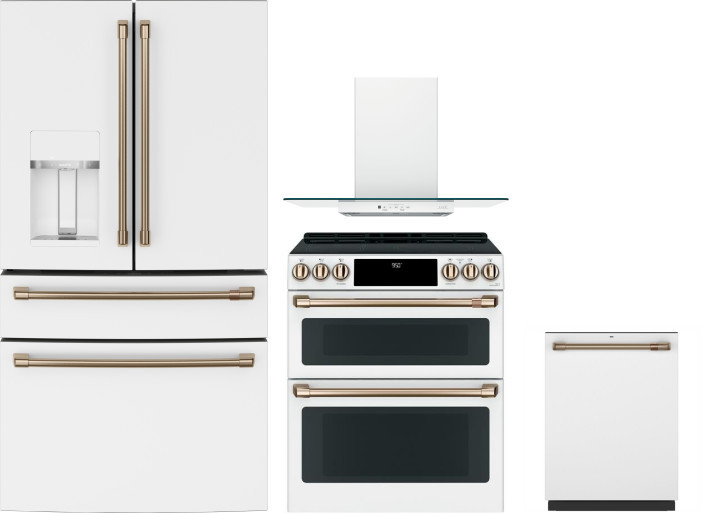 Cafe 4 Piece Kitchen Appliances Package with French Door Refrigerator, Induction Range and Dishwasher in Matte White CAFRERADWRH956