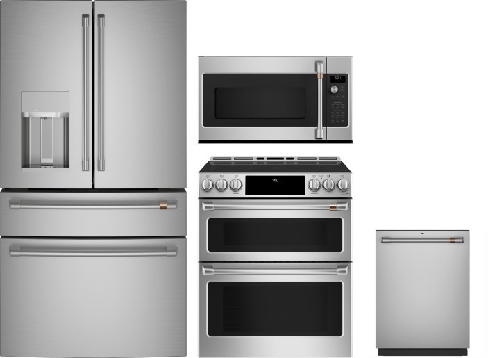 Cafe 4 Piece Kitchen Appliances Package with French Door Refrigerator, Induction Range, Dishwasher and Over the Range Microwave in Stainless Steel CAF