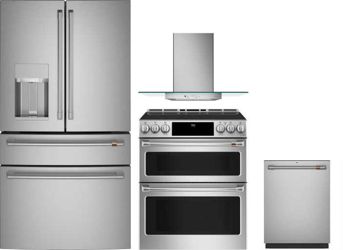 Cafe 4 Piece Kitchen Appliances Package with French Door Refrigerator, Induction Range and Dishwasher in Stainless Steel CAFRERADWRH978