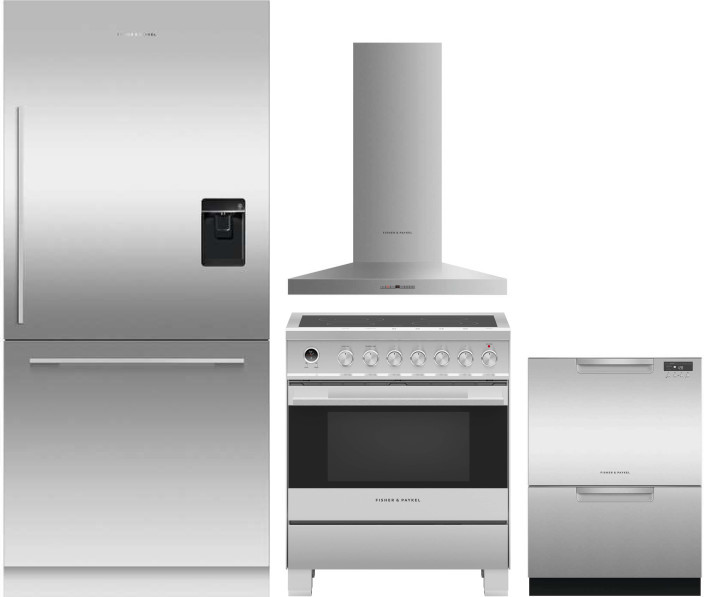 Fisher & Paykel Series 7 4 Piece Kitchen Appliances Package with Bottom Freezer Refrigerator, Electric Range and Dishwasher in Panel Ready FPRERADWRH9