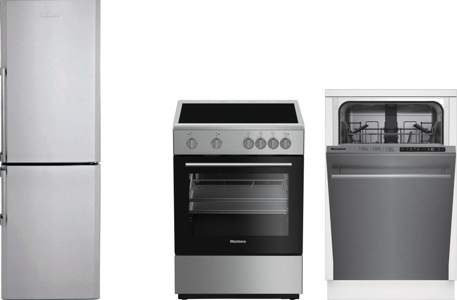 Blomberg 3 Piece Kitchen Appliances Package with Bottom Freezer Refrigerator, Electric Range and Dishwasher in Stainless Steel BLRERADW60
