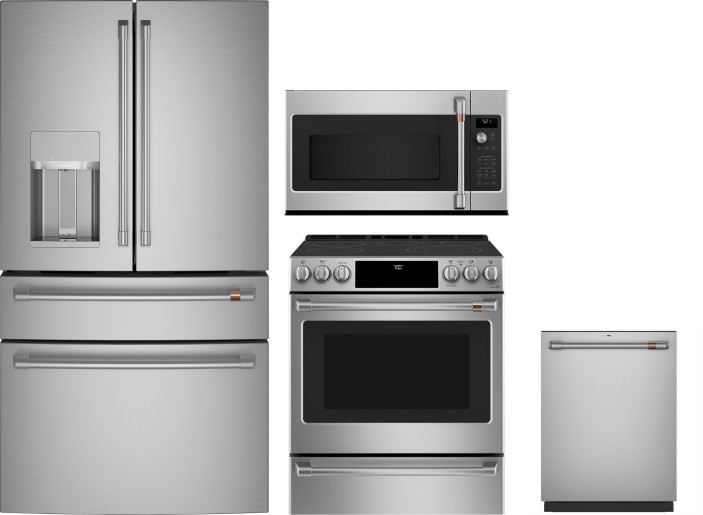 Cafe 4 Piece Kitchen Appliances Package with French Door Refrigerator, Electric Range, Dishwasher and Over the Range Microwave in Stainless Steel CAFR