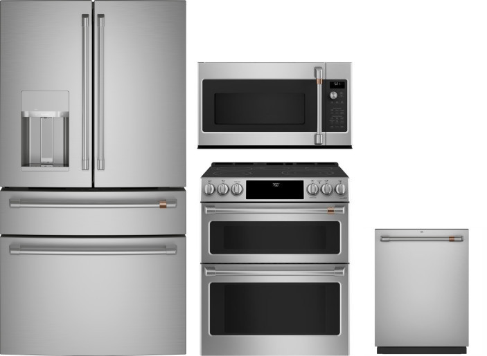 Cafe 4 Piece Kitchen Appliances Package with French Door Refrigerator, Electric Range, Dishwasher and Over the Range Microwave in Stainless Steel CAFR