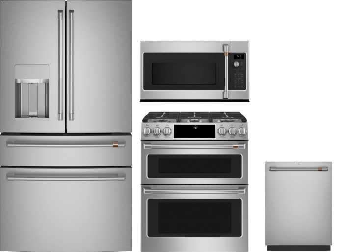 Cafe 4 Piece Kitchen Appliances Package with French Door Refrigerator, Gas Range, Dishwasher and Over the Range Microwave in Stainless Steel CAFRERADW