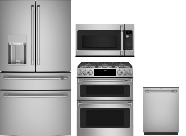 Cafe 4 Piece Kitchen Appliances Package with French Door Refrigerator, Dual Fuel Range, Dishwasher and Over the Range Microwave in Stainless Steel CAF