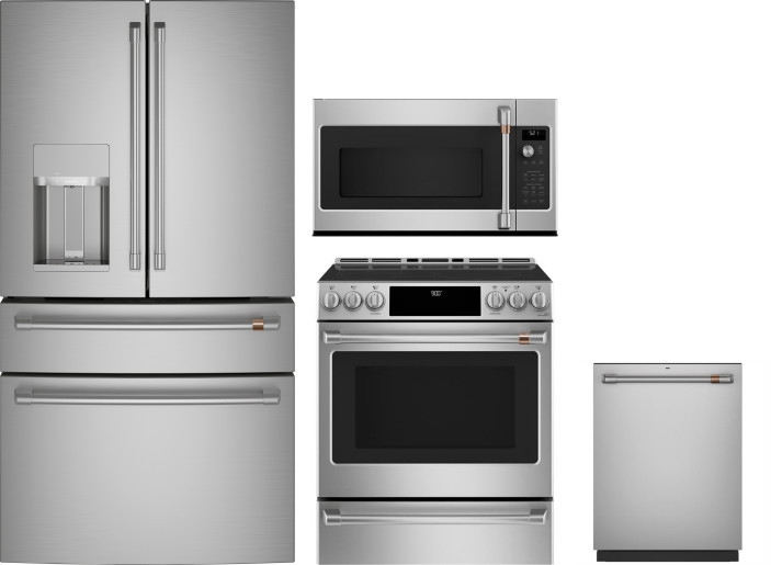 Cafe 4 Piece Kitchen Appliances Package with French Door Refrigerator, Induction Range, Dishwasher and Over the Range Microwave in Stainless Steel CAF