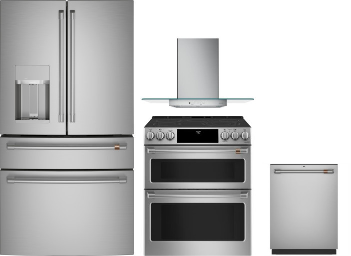 Cafe 4 Piece Kitchen Appliances Package with French Door Refrigerator, Electric Range and Dishwasher in Stainless Steel CAFRERADWRH1089