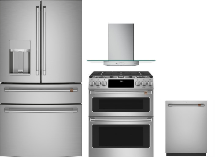 Cafe 4 Piece Kitchen Appliances Package with French Door Refrigerator, Dual Fuel Range and Dishwasher in Stainless Steel CAFRERADWRH1090