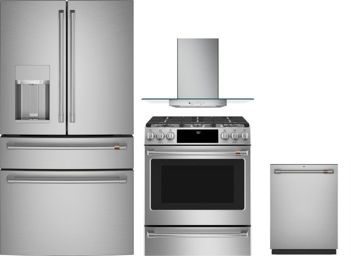 Cafe 4 Piece Kitchen Appliances Package with French Door Refrigerator, Gas Range and Dishwasher in Stainless Steel CAFRERADWRH1092