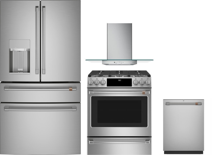 Cafe 4 Piece Kitchen Appliances Package with French Door Refrigerator, Dual Fuel Range and Dishwasher in Stainless Steel CAFRERADWRH1095