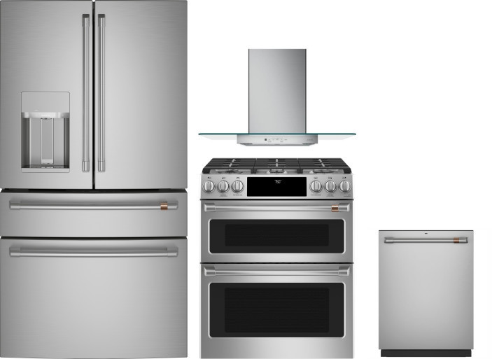 Cafe 4 Piece Kitchen Appliances Package with French Door Refrigerator, Gas Range and Dishwasher in Stainless Steel CAFRERADWRH1096