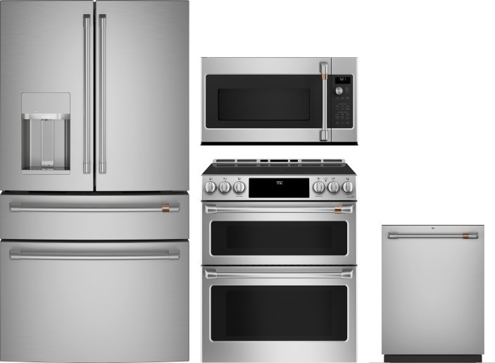 Cafe 4 Piece Kitchen Appliances Package with French Door Refrigerator, Induction Range, Dishwasher and Over the Range Microwave in Stainless Steel CAF