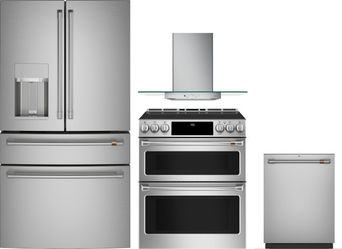Cafe 4 Piece Kitchen Appliances Package with French Door Refrigerator, Induction Range and Dishwasher in Stainless Steel CAFRERADWRH1100