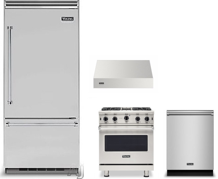 Viking 5 4 Piece Kitchen Appliances Package with Bottom Freezer Refrigerator, Gas Range and Dishwasher in Stainless Steel VIRERADWRH1434