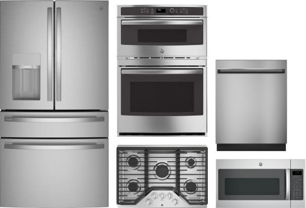 GE 5 Piece Kitchen Appliances Package with French Door Refrigerator, Dishwasher and Over the Range Microwave in Stainless Steel GERECOWODWMW102823