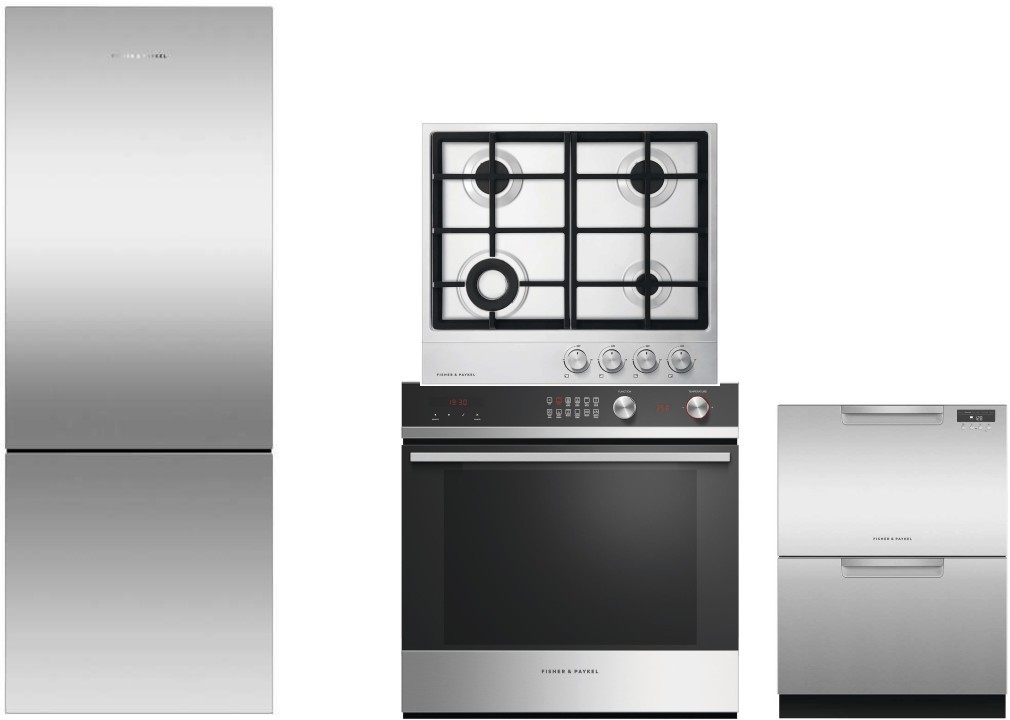Fisher & Paykel Contemporary 4 Piece Kitchen Appliances Package with Bottom Freezer Refrigerator and Dishwasher in Stainless Steel FPRECTWODW111