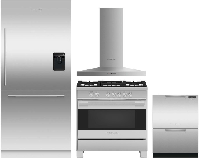 Fisher & Paykel Series 7 4 Piece Kitchen Appliances Package with Bottom Freezer Refrigerator, Gas Range and Dishwasher in Panel Ready FPRERADWRH1189