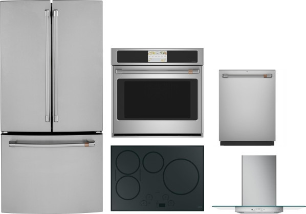 Cafe 5 Piece Kitchen Appliances Package with French Door Refrigerator and Dishwasher in Stainless Steel CAFRECTWODWRH2