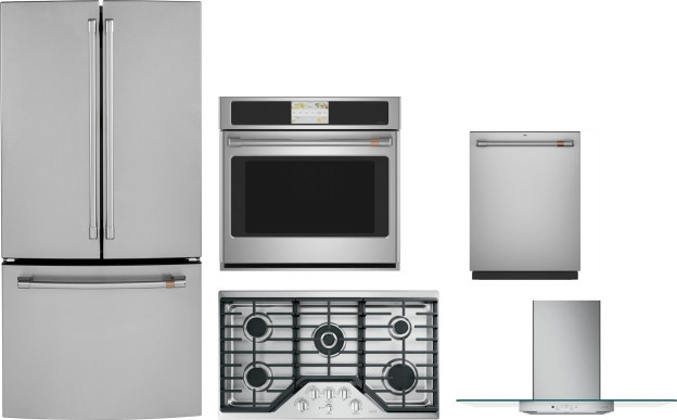 Cafe 5 Piece Kitchen Appliances Package with French Door Refrigerator and Dishwasher in Stainless Steel CAFRECTWODWRH5