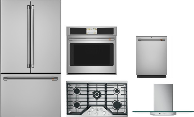Cafe 5 Piece Kitchen Appliances Package with French Door Refrigerator and Dishwasher in Stainless Steel CAFRECTWODWRH23