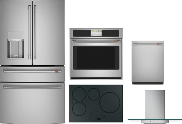 Cafe 5 Piece Kitchen Appliances Package with French Door Refrigerator and Dishwasher in Stainless Steel CAFRECTWODWRH74