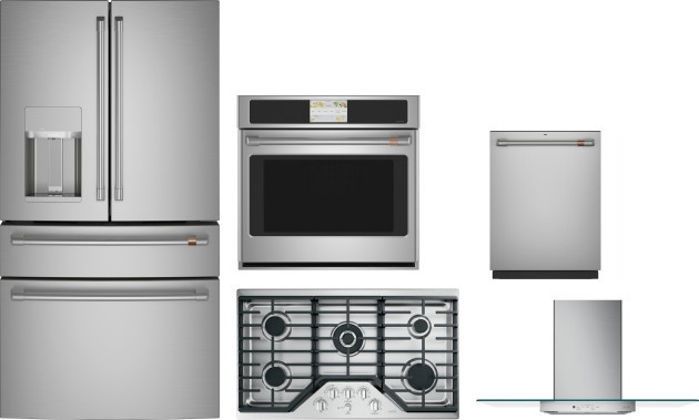 Cafe 5 Piece Kitchen Appliances Package with French Door Refrigerator and Dishwasher in Stainless Steel CAFRECTWODWRH77